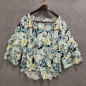 Crown & Ivy Curvy Floral Peasant Blouse Womens 3X Ruffle Sleeve Office Casual